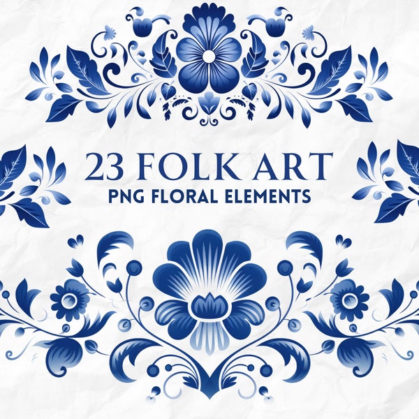 Folk Art Flower Clipart, 23 Delft Blue Floral Bouquets Elements for Royal Blue Wedding Invitation, Bridal Shower, DIY Project Commercial Use