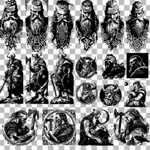 May include: A collection of black and white illustrations of Viking warriors with axes, shields, and helmets. The illustrations are in a variety of poses and styles, some with intricate details and others with a more simplified design.