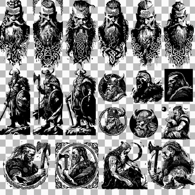 May include: A collection of black and white illustrations of Viking warriors with axes, shields, and helmets. The illustrations are in a variety of poses and styles, some with intricate details and others with a more simplified design.