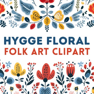 Hygge Floral Clip Art Descarga instantánea Imágenes Prediseñadas, Arte popular de flores silvestres escandinavo y sueco, Borde floral pastel danés PNG Uso comercial