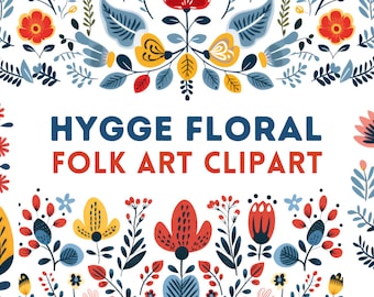 Hygge Floral Clip Art Instant Download Clipart, Scandinavian & Swedish Wildflower Folk Art, Danish Pastel Floral Border PNG  Commercial Use