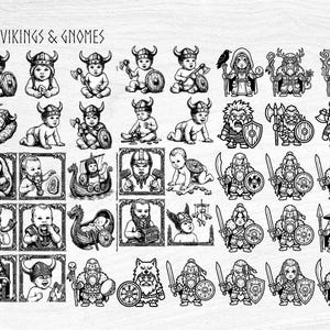 May include: Black and white illustrations of baby Vikings and gnomes. The image includes babies in Viking helmets with axes and shields, and adult gnomes with swords and shields. The text "BABY VIKINGS & GNOMES" is at the top.