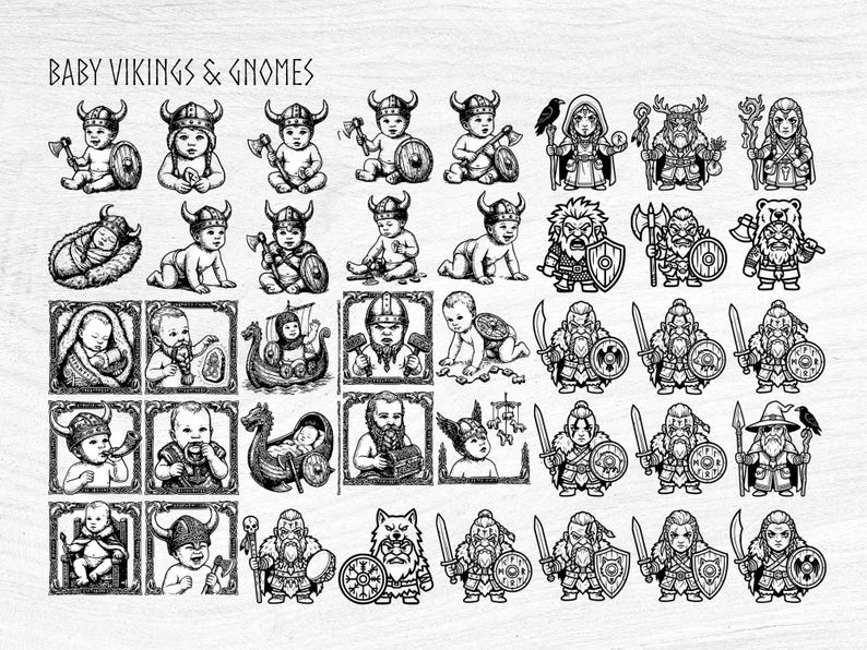 May include: Black and white illustrations of baby Vikings and gnomes. The image includes babies in Viking helmets with axes and shields, and adult gnomes with swords and shields. The text "BABY VIKINGS & GNOMES" is at the top.