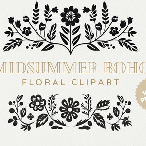 Midsummer Boho Floral Clipart, Norwegian Botanical Folk Art, Wild flower Premade DIY Wedding Clipart, Scandinavian Black Floral Border Set