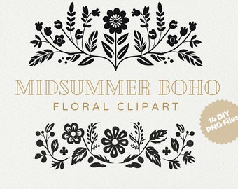 Midsummer Boho Floral Clipart, Norwegian Botanical Folk Art, Wild flower Premade DIY Wedding Clipart, Scandinavian Black Floral Border Set