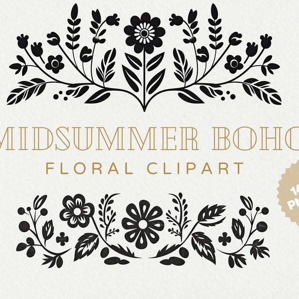 Midsummer Boho Floral Clipart, Norwegian Botanical Folk Art, Wild flower Premade DIY Wedding Clipart, Scandinavian Black Floral Border Set
