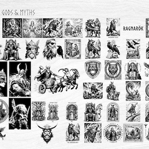 May include: A collection of black and white illustrations featuring Norse gods and myths. The images include depictions of figures, animals, and symbols associated with Norse mythology, with the word "Ragnarok" displayed prominently.