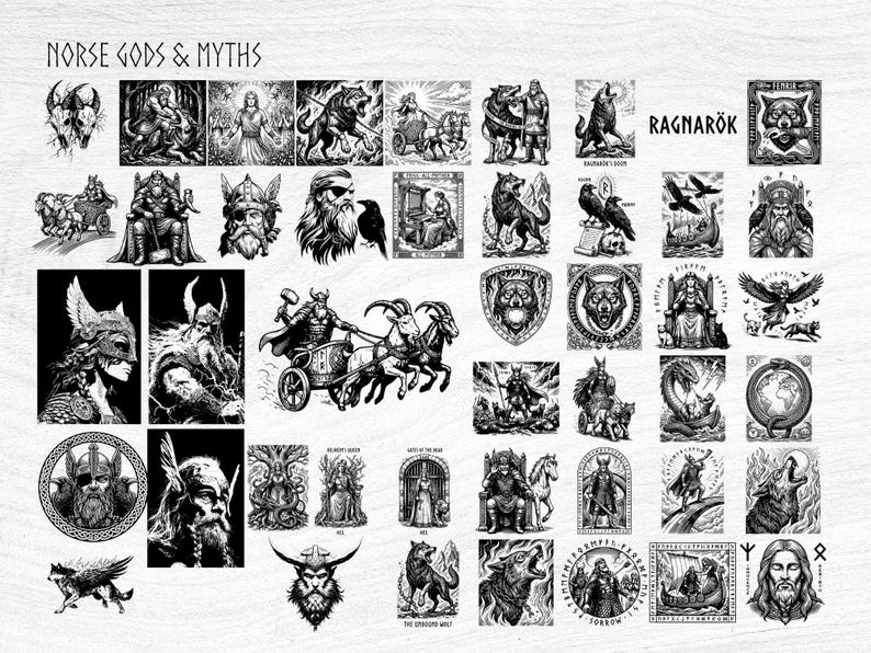May include: A collection of black and white illustrations featuring Norse gods and myths. The images include depictions of figures, animals, and symbols associated with Norse mythology, with the word "Ragnarok" displayed prominently.