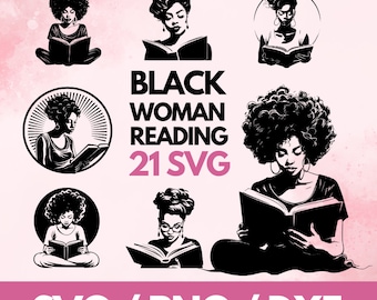 Black Woman Reading SVG Bundle, Silhouette Clipart (21 Files)