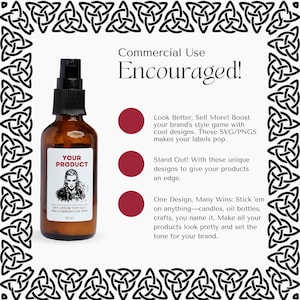 Op de afbeelding: Een bruine glazen fles met een wit etiket waarop "YOUR PRODUCT" staat en een tekening van een vrouw met lang, donker haar. Het etiket vermeldt ook "DAY CREAM FOR OILY AND COMBINATION SKIN" en "30 ml". De fles staat op een witte achtergrond met tekst die "Commercial Use Encouraged!" en "Look Better, Sell More! Boost your brand's style game with cool designs. These SVG/PNGS makes your labels pop." zegt.