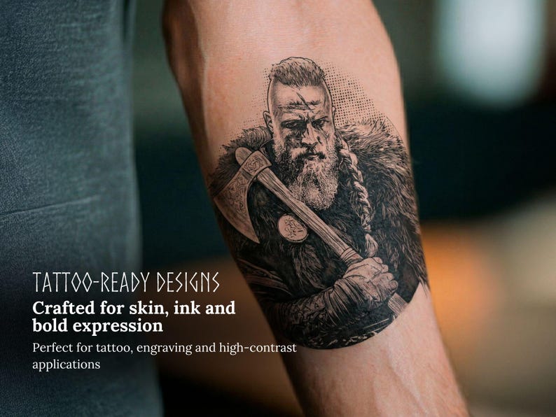 May include: A black and white tattoo design of a Viking warrior with an axe, on an arm. The tattoo is detailed with a beard, fur, and a battle scar. Text on the image reads "TATTOO-READY DESIGNS Crafted for skin, ink and bold expression."
