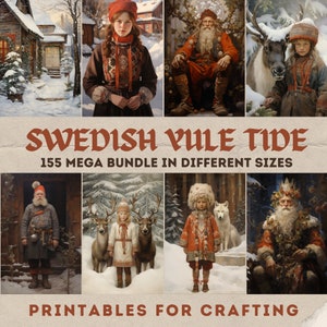 Paquete de imágenes de artesanía de papel de arte popular navideño sueco Efímera de cuento de hadas de Navidad, suministros de diario basura de invierno, tarjetas de Navidad imprimibles