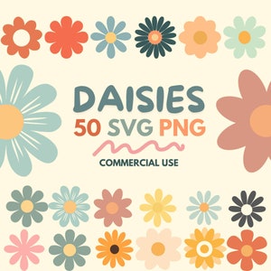 Bundle SVG marguerite, 50 cliparts marguerites colorées pour Cricut, emballage de verre, impression et création Fichiers PNG de fleurs sauvages, formes florales rétro amusantes