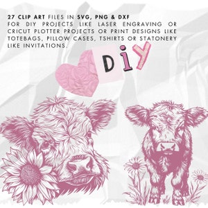 May include: A digital illustration of two Highland cattle, one with a sunflower, in pink and white on a crumpled white background. The text "DIY" is in pink and white on a white background.