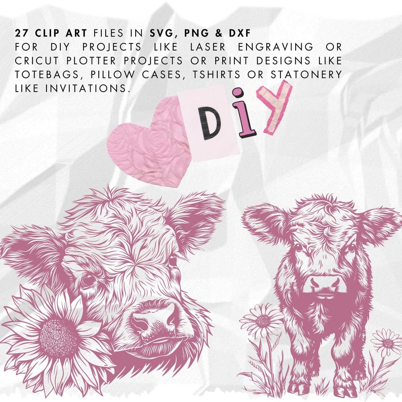 May include: A digital illustration of two Highland cattle, one with a sunflower, in pink and white on a crumpled white background. The text "DIY" is in pink and white on a white background.