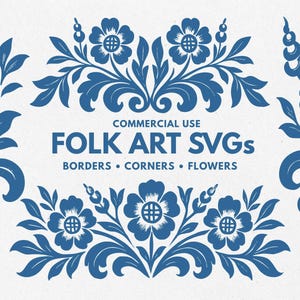 Paquete de plantillas SVG de arte popular. 7 bordes y esquinas florales inspirados en Kurbits para invitaciones de boda, manualidades, transferencias DIY y pintura de muebles.