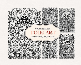 May include: Black and white folk art illustrations featuring a mushroom, fox, badger, bird, and floral designs. The text "Commercial Use Folk Art" is displayed with file type information.
