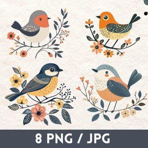 Lot de cliparts d'oiseaux d'art populaire. 8 designs PNG, JPG fantaisistes dans un style scandinave moderne. Décoration de chambre d'enfant, scrapbooking, faire-part de mariage.