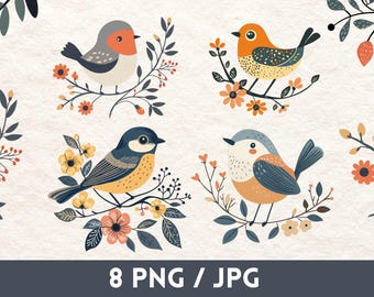 May include: Four digital illustrations of birds with floral accents. The birds are in various colors, including blue, orange, and yellow. The flowers are in shades of pink, yellow, and orange.
