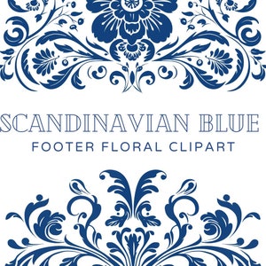 Clipart floral bleu scandinave, ensemble de bordures Clipart floral bleu de Delft, décor de pied de page, clipart de fleurs sauvages, clipart préfabriqué, clipart de mariage