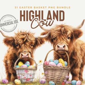 May include: Two Highland cows with brown fur and long horns are holding baskets filled with colorful Easter eggs. The baskets are woven and have a white and pink floral pattern. The cows are standing in a field of green grass and flowers.