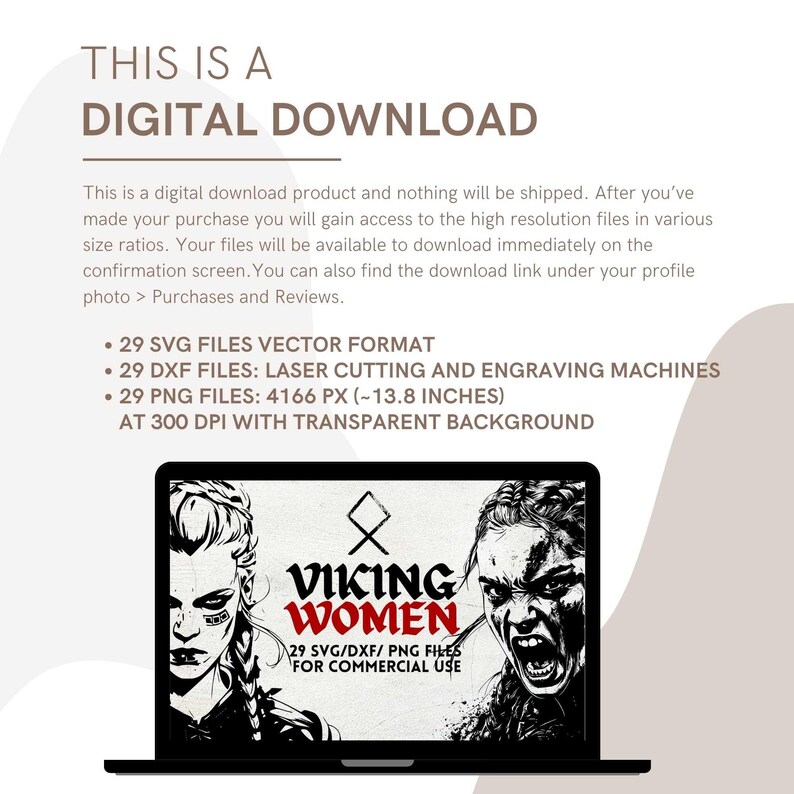 Op de afbeelding: Digitale download van 29 SVG-, DXF- en PNG-bestanden met twee zwart-wit illustraties van Viking-vrouwen. De tekst "Viking Women" staat in een vetgedrukte, gestileerde lettertype. De tekst "29 SVG/DXF/PNG Files for Commercial Use" is ook inbegrepen.
