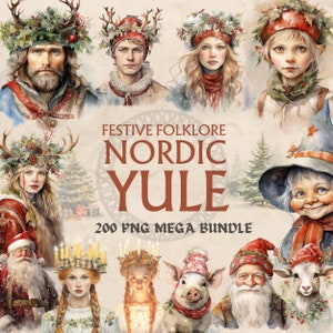 Bundle de cliparts folklore festif Noël nordique, éphémères de conte de fées de Noël scandinave, Noël aquarelle hiver Clipart, elfe mystique PNG