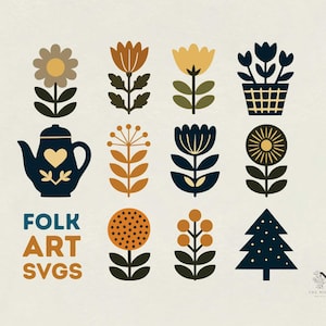Pacchetto SVG di arte popolare moderna. Fiori scandinavi di ispirazione bohémien di metà secolo. File di artigianato nordico Cricut in formato PNG, JPG, PDF ed EPS con uso commerciale.