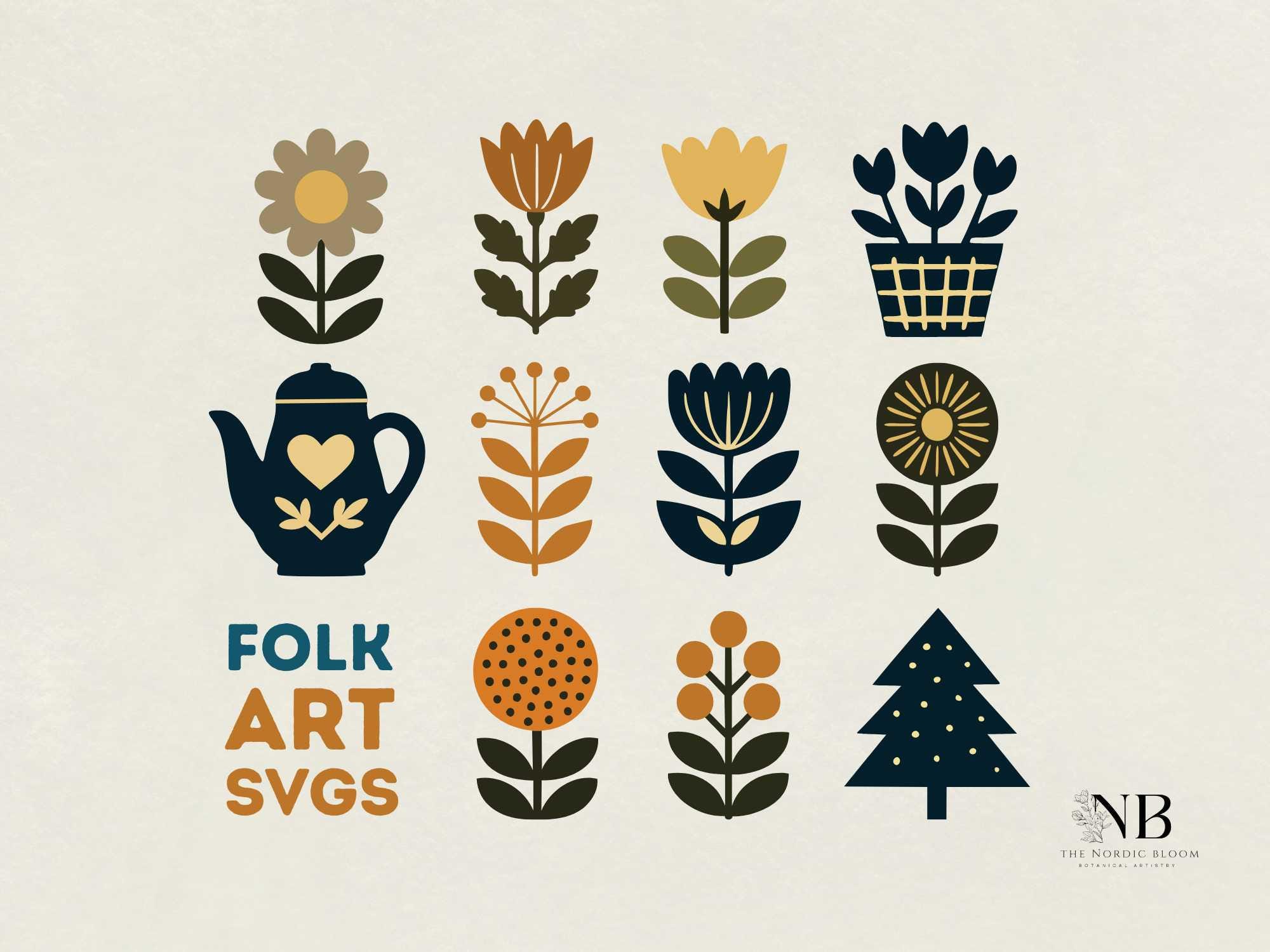 Modern Folk Art SVG Bundle. Scandinavian Flowers Mid-century Boho