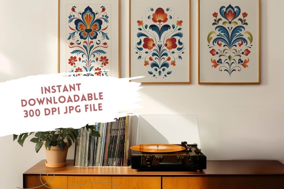 Scandinavian Folk Art Floral Print Set, Japandi Nordic Decor