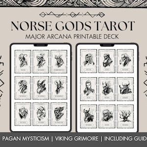 Jeu de tarot de la mythologie nordique avec des cartes de tarot squelette inspirées des légendes vikings. Un téléchargement imprimable d'esthétique païenne, sorcière et sombre