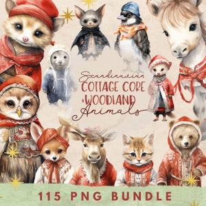 Clipart animalier de Noël scandinave, Cottage Core Folk Art Mega Bundle, Nordic Yule Nursery Woodland Animals, Yule Art Decor, Dala Horse