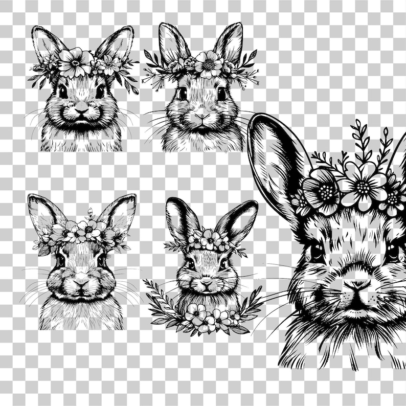 Floral Rabbit SVG Bundle, Cute Bunny Face With Flower Bouquet, Easter ...