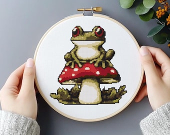 Frog on Mushroom Cross Stitch Pattern, Beginner Friendly (PDF Pattern)