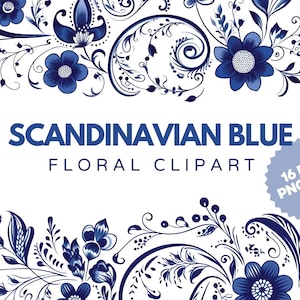 Aquarelle Clipart Floral bleu de Delft, fleurs sauvages des cliparts, clipart premade, mariage des cliparts, ensemble de bordure florale plaque de Delft scandinave