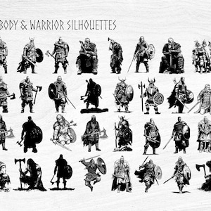 May include: Black and white illustrations of full-body warrior silhouettes. The image features various figures in different poses, holding weapons such as axes, swords, and shields. Text at the top reads "FULL BODY & WARRIOR SILHOUETTES."
