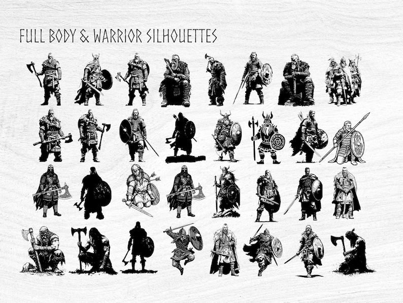 May include: Black and white illustrations of full-body warrior silhouettes. The image features various figures in different poses, holding weapons such as axes, swords, and shields. Text at the top reads "FULL BODY & WARRIOR SILHOUETTES."