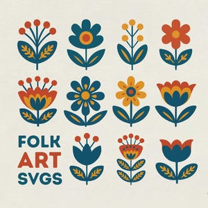 Pacchetto SVG di arte popolare scandinava. File vettoriali nordici di fiori colorati per stampa, creazione di stencil, artigianato ecc. con uso commerciale.