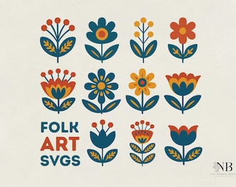 Scandinavian Folk Art SVG Bundle. Nordic Vector Files of Colorful Flowers for Printing, Stencil Making, Crafting etc with Commercial Use.