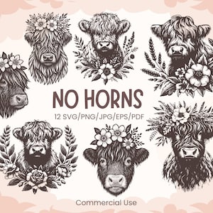 May include: A set of 12 digital illustrations of Highland cows with floral wreaths. The cows are black and white and have no horns. The text "NO HORNS" and "12 SVG/PNG/JPG/EPS/PDF" is included in the image.