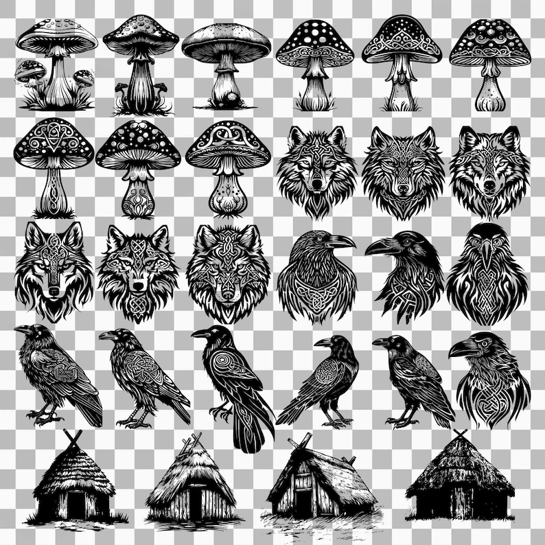 May include: Black and white illustrations of mushrooms, wolves, ravens, and houses. The mushrooms have intricate designs and the wolves have Celtic knotwork patterns. The ravens are perched on branches and the houses are simple and rustic.
