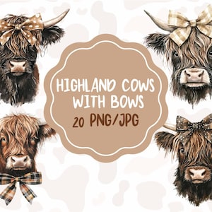 Paquete PNG de vaca de las tierras altas con lazo para sublimación. 20 diseños occidentales de moda con imágenes prediseñadas de acuarela de descarga instantánea, seguros para uso comercial.