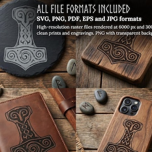 May include: Image showcasing various items with a Thor's hammer design. Includes a slate coaster, wooden cutting board, leather journal, and phone case. The text "ALL FILE FORMATS INCLUDED" is visible, along with file type details. The items are on a wooden surface.