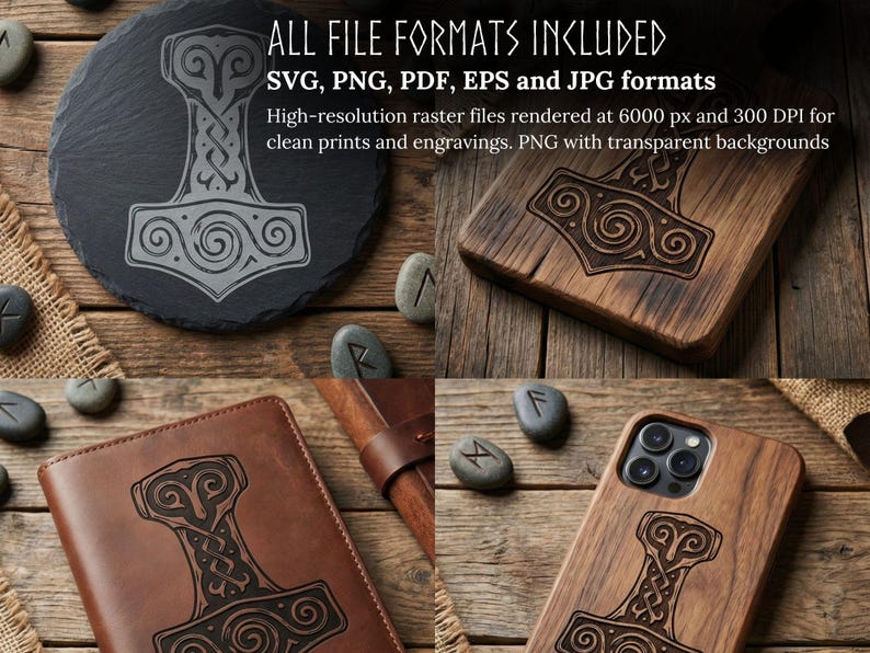 May include: Image showcasing various items with a Thor's hammer design. Includes a slate coaster, wooden cutting board, leather journal, and phone case. The text "ALL FILE FORMATS INCLUDED" is visible, along with file type details. The items are on a wooden surface.