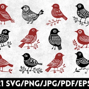Lot d'oiseaux d'art populaire SVG. TÉLÉCHARGEMENT NUMÉRIQUE d'inspiration scandinave mignon vecteur & cliparts png pour Cricut, travaux manuels, découpe laser et gravure