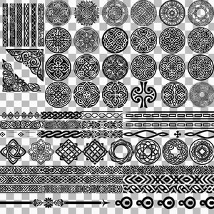 May include: A collection of black and white Celtic knot designs, including circles, borders, and corners. The designs are intricate and detailed, and would be perfect for use in crafts, scrapbooking, or digital design.