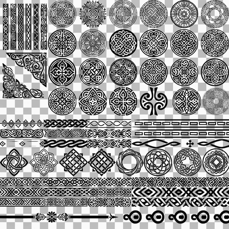 May include: A collection of black and white Celtic knot designs, including circles, borders, and corners. The designs are intricate and detailed, and would be perfect for use in crafts, scrapbooking, or digital design.
