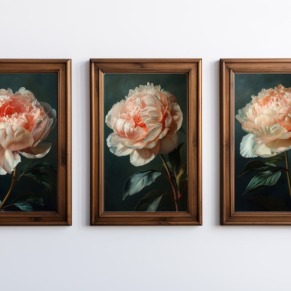 Peonies Print Set of 3, Moody Artful Prints, Academia Decore Inspired Still Life Oilpainting Instant Download PRINTABLE Moody Botanical Art