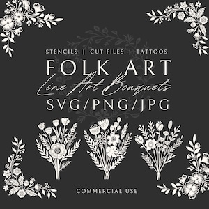 Line Art Floral Bouquet Clipart Bundle, Arte popolare ispirata SVG PNG Fiori, Ghirlande, Decorazioni angolari per Laser, Cricut, Crafting Uso commerciale