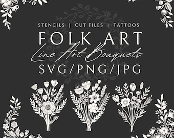 Nordic Floral Line Art Clipart Bundle, SVG PNG Flowers (Digital Download)